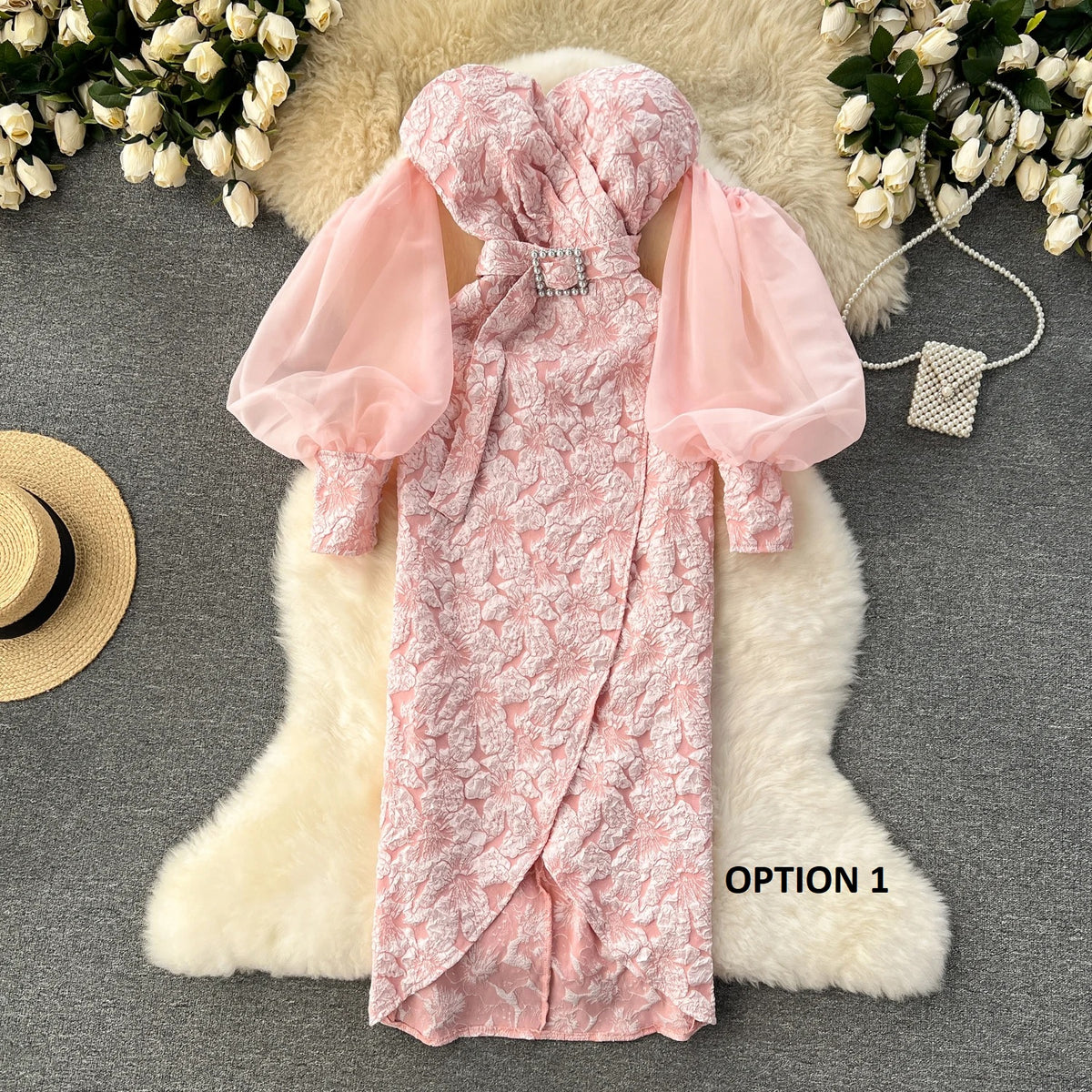 DressBetty - Lantern Sleeve O Neck Elegant PU Leather Dresses