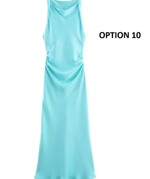 New fashion pleated solid slim versatile satin texture MIDI dress CODE: KAR3951