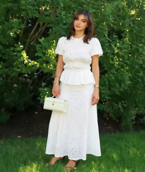 New Casual Solid Eyelet Top Maxi Skirts Set CODE: KAR5171