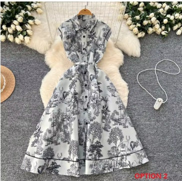 New High Waist Turn-down Collar Floral Embroidery Midi Dress CODE: KAR3968