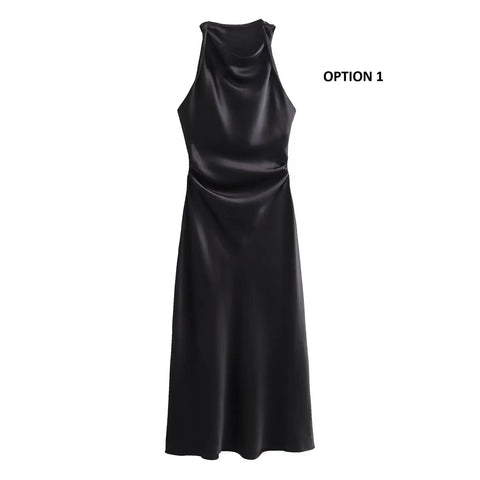 New fashion pleated solid slim versatile satin texture MIDI dress CODE: KAR3951