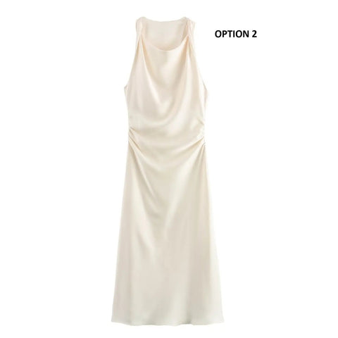 New fashion pleated solid slim versatile satin texture MIDI dress CODE: KAR3951