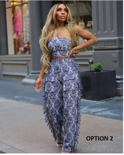 New Fashion Print Strapless Top and Wide Leg tassel Cargo Street Two Piece Set CODE: KAR3800