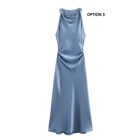 New fashion pleated solid slim versatile satin texture MIDI dress CODE: KAR3951