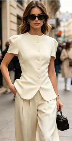 New O-neck Puff Sleeve Shirt & Loose Lantern Commute Set CODE: KAR4762