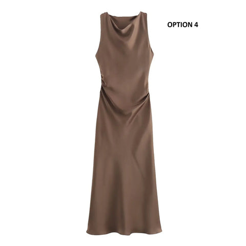 New fashion pleated solid slim versatile satin texture MIDI dress CODE: KAR3951