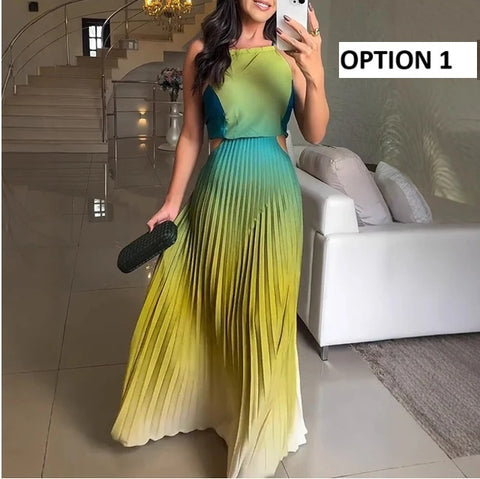 New Spring Gradient Print Pleated Backless Sleeveless Party Long Dress CODE: KAR3952