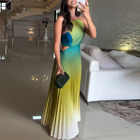 New Spring Gradient Print Pleated Backless Sleeveless Party Long Dress CODE: KAR3952
