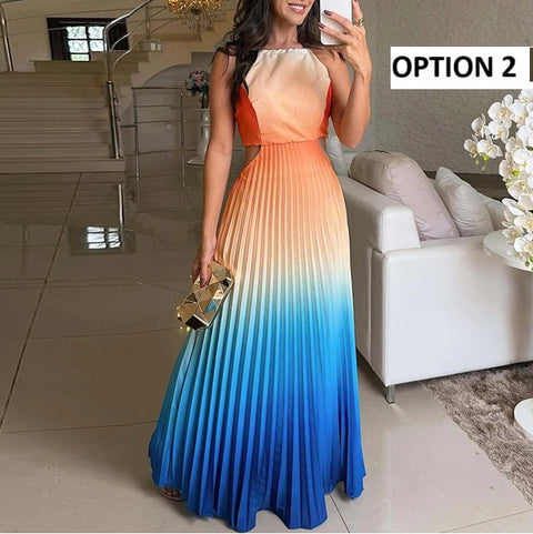 New Spring Gradient Print Pleated Backless Sleeveless Party Long Dress CODE: KAR3952