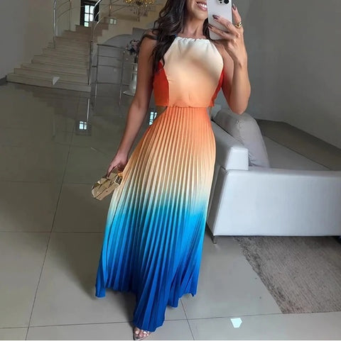 New Spring Gradient Print Pleated Backless Sleeveless Party Long Dress CODE: KAR3952
