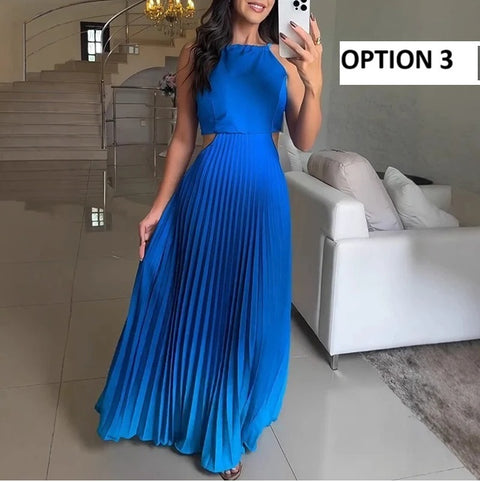 New Spring Gradient Print Pleated Backless Sleeveless Party Long Dress CODE: KAR3952