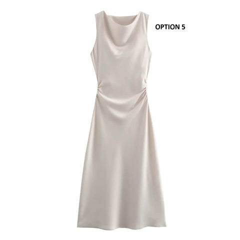 New fashion pleated solid slim versatile satin texture MIDI dress CODE: KAR3951