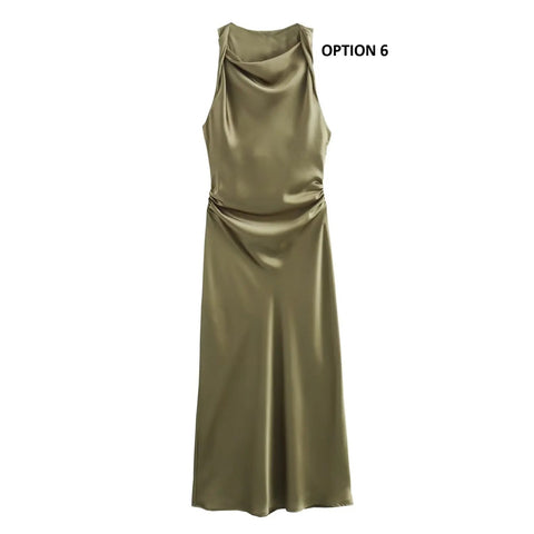 New fashion pleated solid slim versatile satin texture MIDI dress CODE: KAR3951