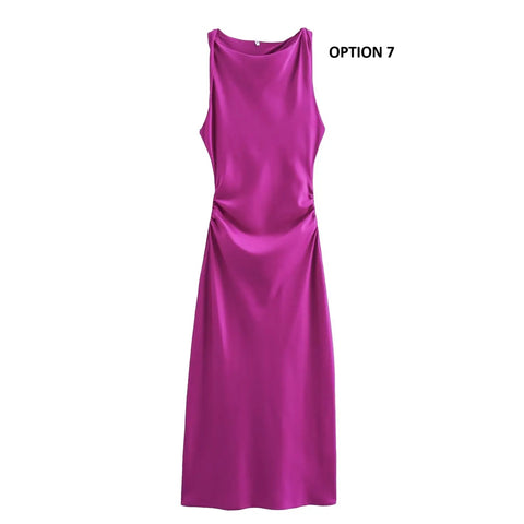 New fashion pleated solid slim versatile satin texture MIDI dress CODE: KAR3951