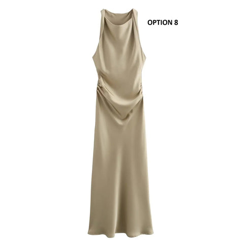 New fashion pleated solid slim versatile satin texture MIDI dress CODE: KAR3951