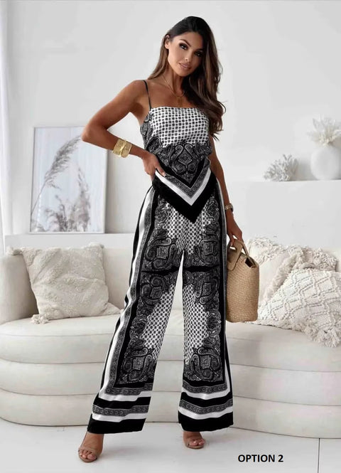 New Fashionable Printed Sexy Strap Wrapped Chest And Bareback Positioning Flower Pant Two Piece Set CODE: KAR3603