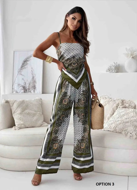 New Fashionable Printed Sexy Strap Wrapped Chest And Bareback Positioning Flower Pant Two Piece Set CODE: KAR3603