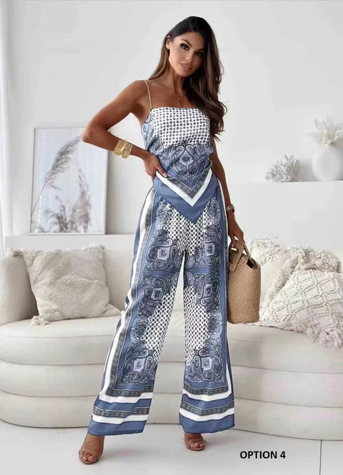 New Fashionable Printed Sexy Strap Wrapped Chest And Bareback Positioning Flower Pant Two Piece Set CODE: KAR3603