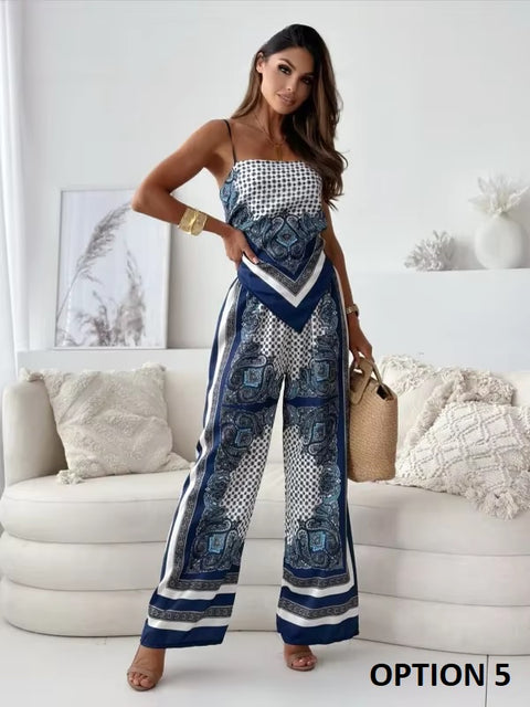 New Fashionable Printed Sexy Strap Wrapped Chest And Bareback Positioning Flower Pant Two Piece Set CODE: KAR3603
