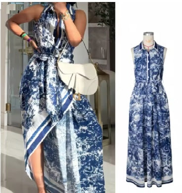 New Tie-dye Printing Sleeveless High Slit Patchwork Long Dress CODE: KAR3990