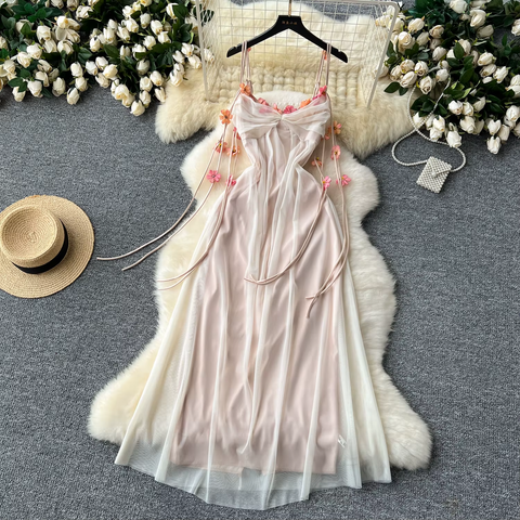 Sexy Flower Mesh Three-dimensional Spliced Slip Long Dress CODE: KAR3772