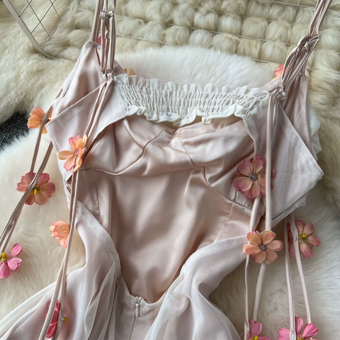 Sexy Flower Mesh Three-dimensional Spliced Slip Long Dress CODE: KAR3772