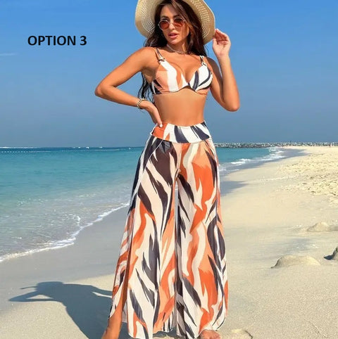 summer Sexy High Waist Beach Pant Bikini Stripe Print 3 Piece Swimsuit CODE: KAR2871