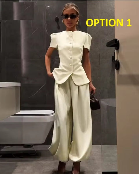 New O-neck Puff Sleeve Shirt & Loose Lantern Commute Set CODE: KAR4762