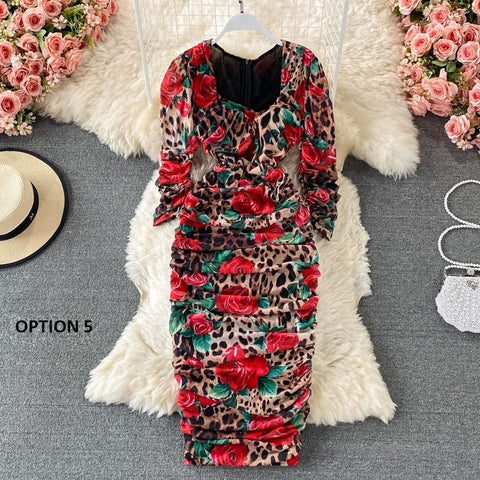 New Bodycon, Sexy, Midi, Club, Party, Square Neck, Puff Sleeves, Stretch Sheath  Floral Draped Midi Dress CODE: KAR1212