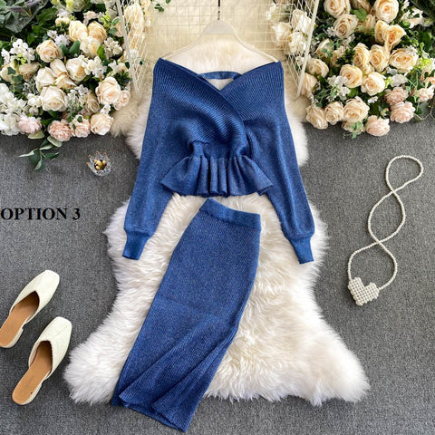 V-Neck Crop Top Puff Sleeve Knit Pleated Skirt Two Piece Set CODE: READY1067