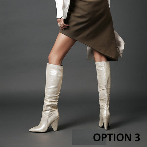 Sequined Leather High Heel Pointed Toe Long Boots CODE: KAR1389