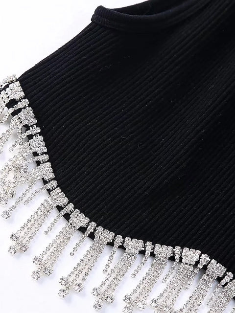 Sexy Hem Tassel Diamond Beading Slim Crop Vest Top CODE: READY1091