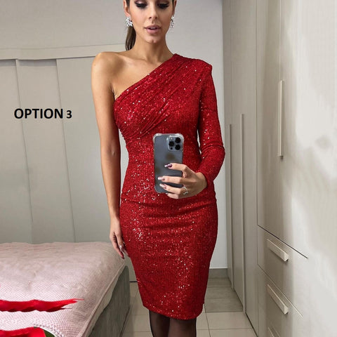 Sexy Fiesta Elegant Trend V Neck Long Sleeve One Shoulder Wrap Chest Sequin Dress CODE: KAR1815