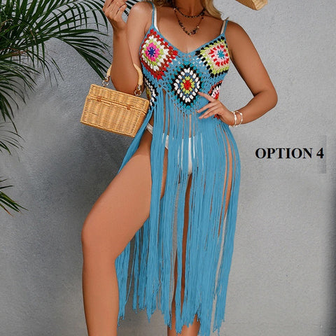 New Crochet Bohemia Long Fringe Tassel Beach Cover-ups swimwear CODE: KAR1924