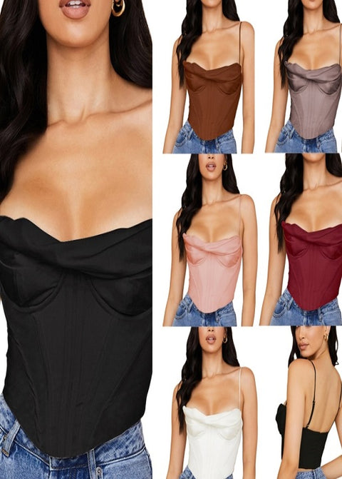 Summer New Fashion Sexy Pile Collar Satin Pleated Suspender Vest Hot Crop Top CODE: KAR1941