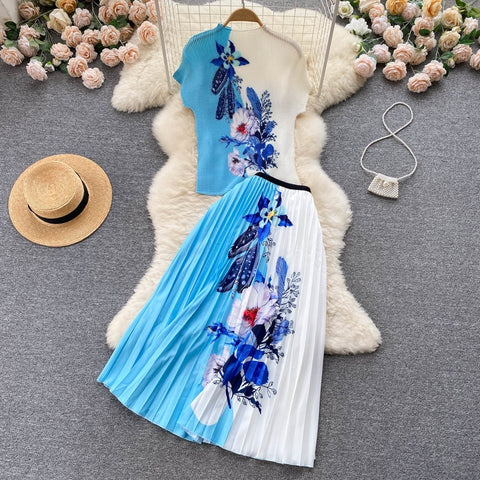 Summer Print T Shirt Suit Top + Midi Long Large Swing Pleated Skirt Set CODE: KAR1943