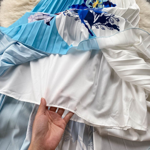 Summer Print T Shirt Suit Top + Midi Long Large Swing Pleated Skirt Set CODE: KAR1943