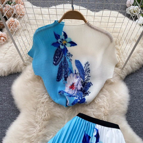 Summer Print T Shirt Suit Top + Midi Long Large Swing Pleated Skirt Set CODE: KAR1943