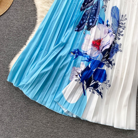 Summer Print T Shirt Suit Top + Midi Long Large Swing Pleated Skirt Set CODE: KAR1943