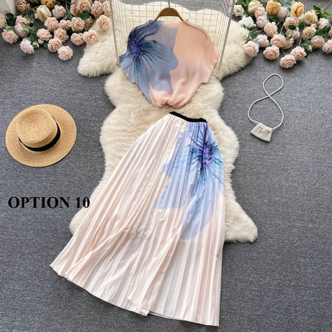Summer Print T Shirt Suit Top + Midi Long Large Swing Pleated Skirt Set CODE: KAR1943