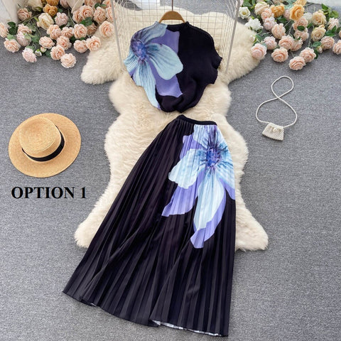 Summer Print T Shirt Suit Top + Midi Long Large Swing Pleated Skirt Set CODE: KAR1943