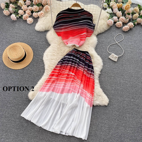 Summer Print T Shirt Suit Top + Midi Long Large Swing Pleated Skirt Set CODE: KAR1943