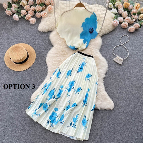Summer Print T Shirt Suit Top + Midi Long Large Swing Pleated Skirt Set CODE: KAR1943