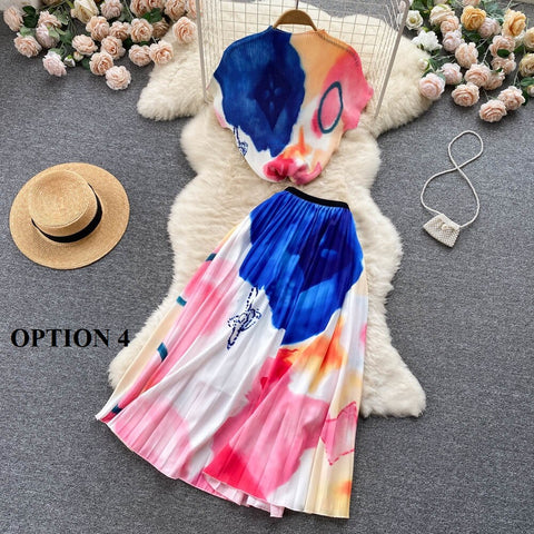 Summer Print T Shirt Suit Top + Midi Long Large Swing Pleated Skirt Set CODE: KAR1943