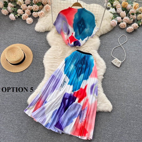 Summer Print T Shirt Suit Top + Midi Long Large Swing Pleated Skirt Set CODE: KAR1943