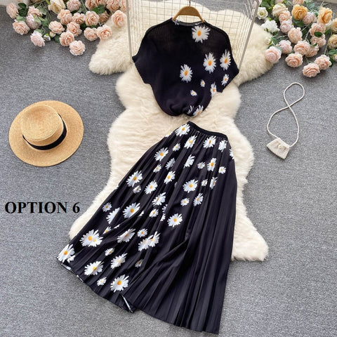 Summer Print T Shirt Suit Top + Midi Long Large Swing Pleated Skirt Set CODE: KAR1943