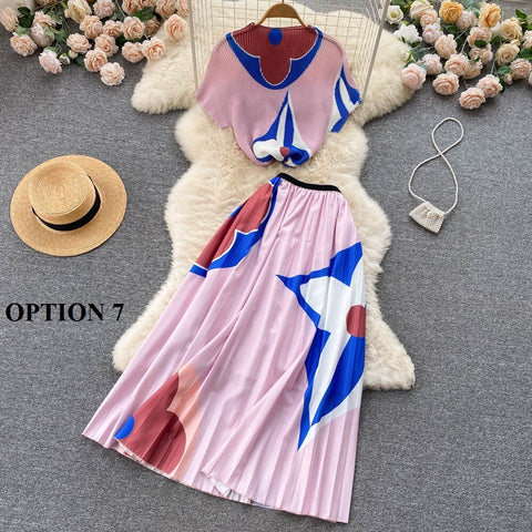 Summer Print T Shirt Suit Top + Midi Long Large Swing Pleated Skirt Set CODE: KAR1943