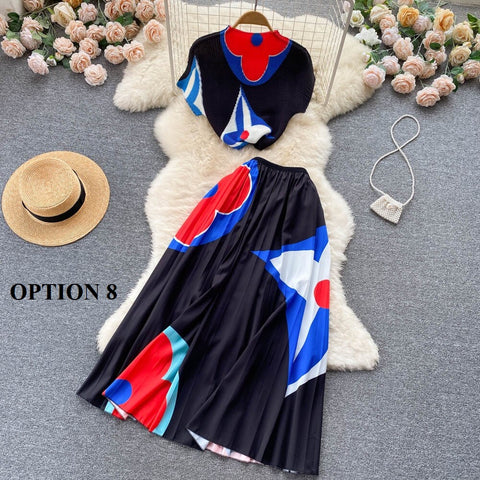 Summer Print T Shirt Suit Top + Midi Long Large Swing Pleated Skirt Set CODE: KAR1943