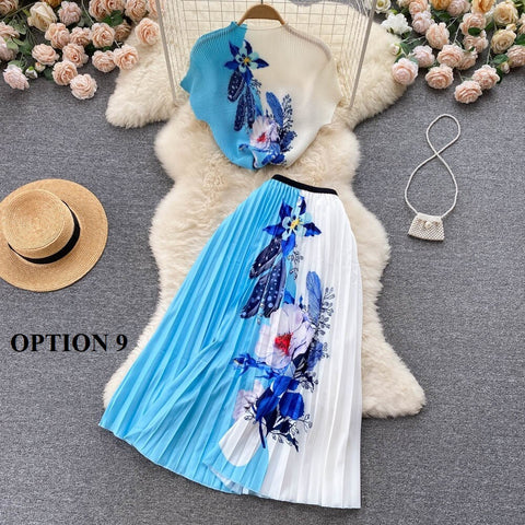 Summer Print T Shirt Suit Top + Midi Long Large Swing Pleated Skirt Set CODE: KAR1943