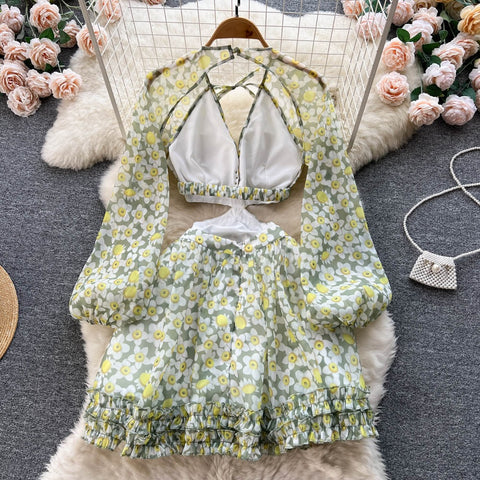 Summer Floral Print Sexy Backless Puff Sleeve Dress CODE: KAR1945